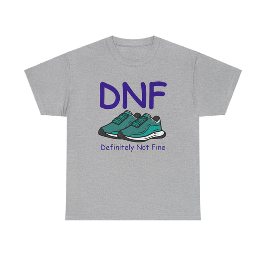 A sport grey cotton t-shirt playing on the words DNF, with running trainers.