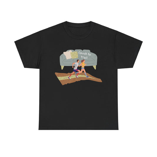 A black cotton t-shirt depicting two runners completing the couch to trails.