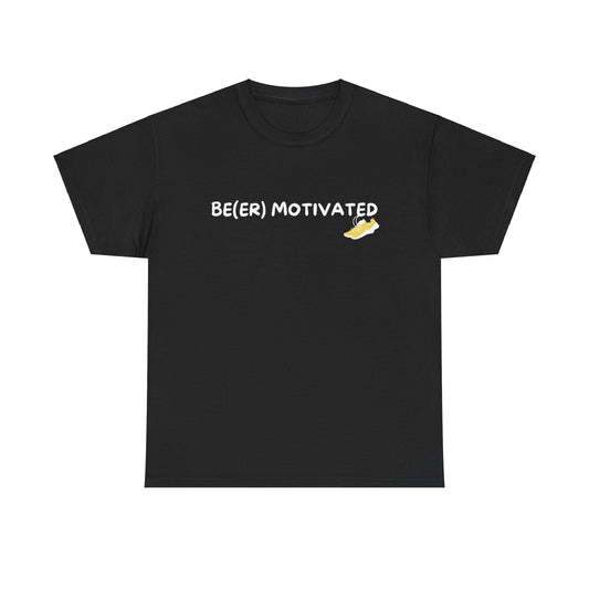 A black Cotton t-shirt with the sentence, Beer Motivated with a pair of running trainers.